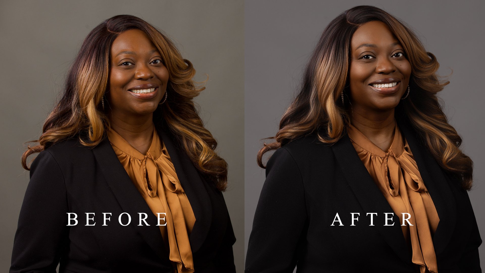 Side-by-side comparison of a professional woman before and after facial photo editing, with the left labeled 'BEFORE' and the right labeled 'AFTER.'