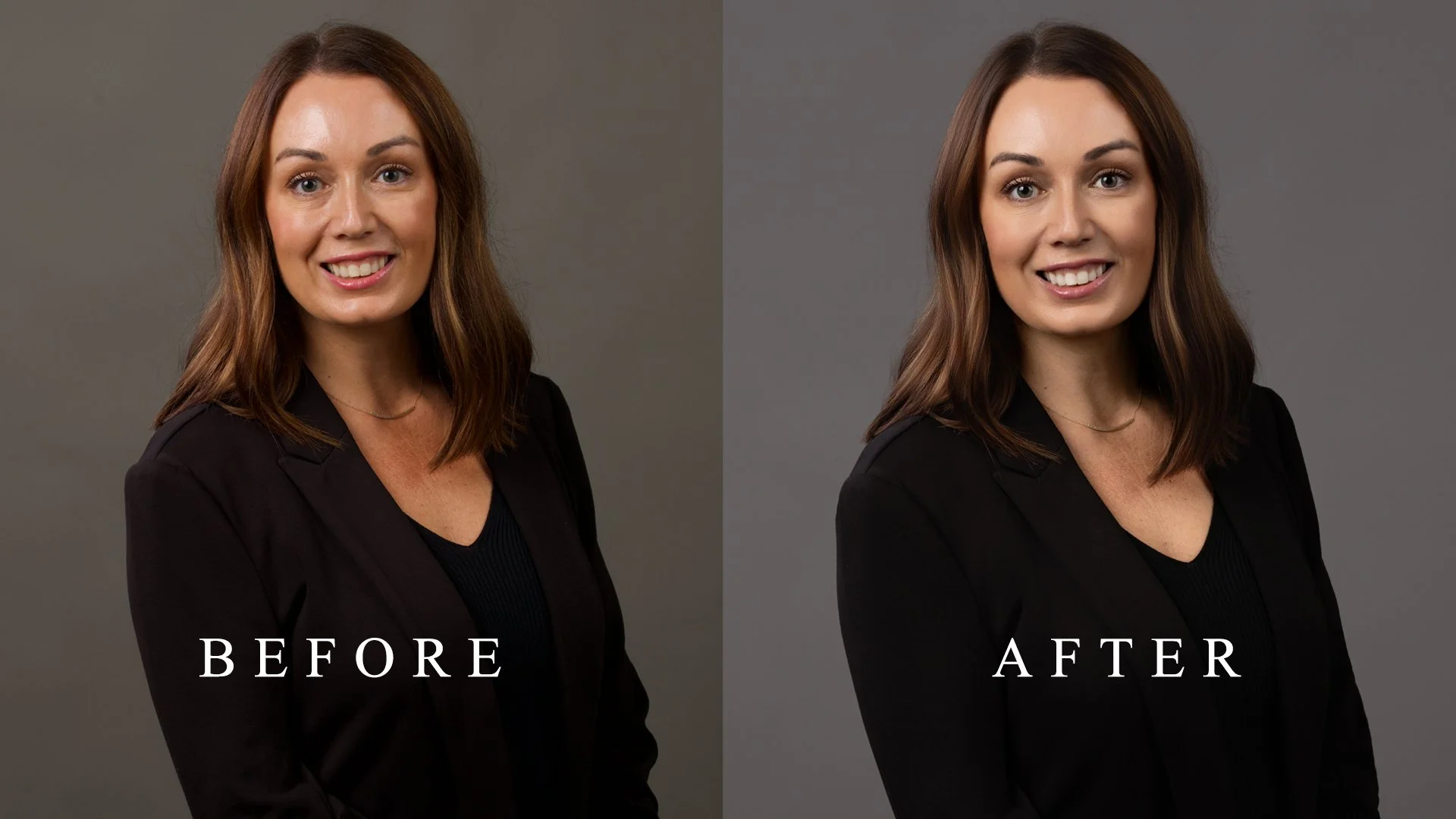 Side-by-side comparison of a woman with brown hair, wearing a black blazer, before and after a transformation, with a plain gray background.