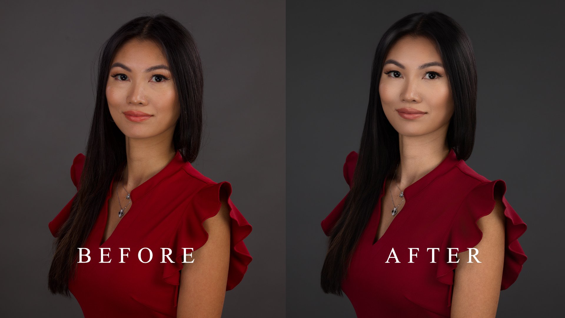 A side-by-side comparison of a woman before and after a cosmetic procedure, wearing a red dress, with a dark gray background.