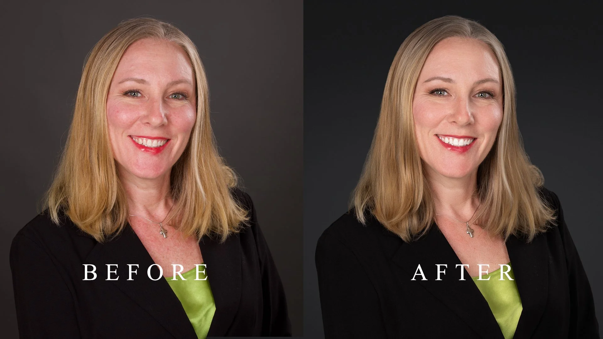 Side-by-side comparison of a woman before and after photo editing, showing improved skin tone, smoothness, and brightness.