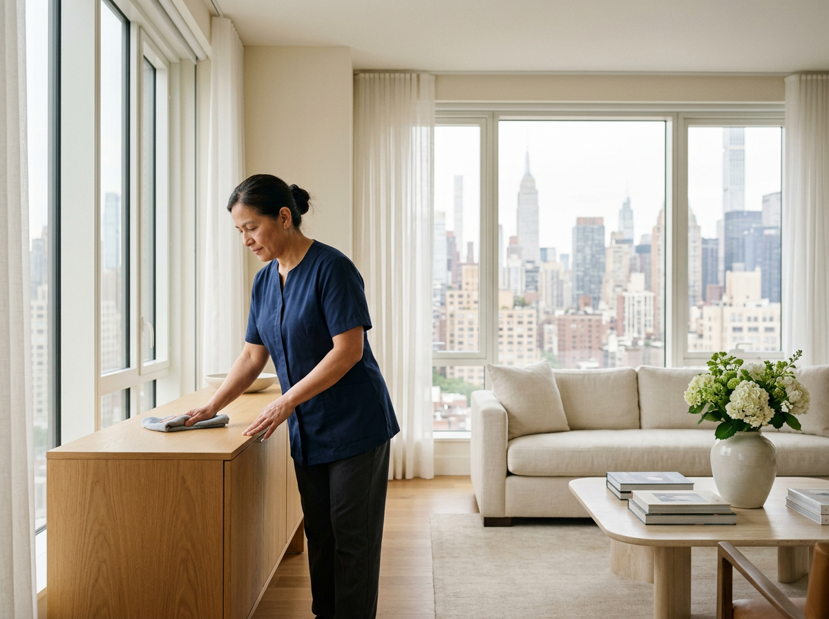 Professional housekeeper dusting a surface in a grand penthouse living room with floor-to-ceiling windows overlooking the Manhattan skyline