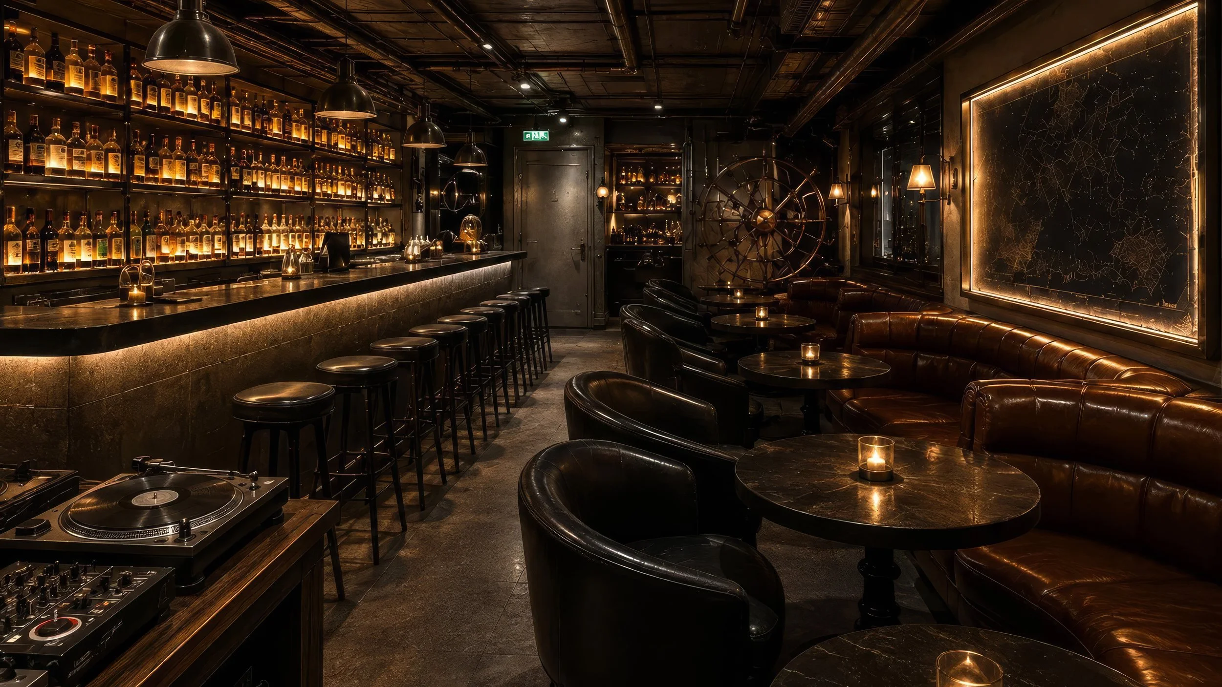Blue World Voyages cocktail speakeasy concept with a backlit bottle display, leather seating and warm amber lighting.