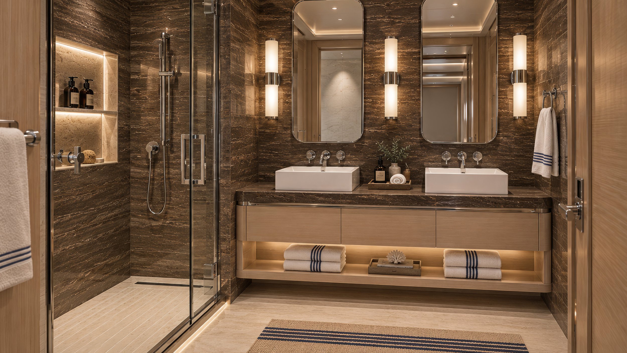 Blue World Voyages two-bedroom residence bathroom concept with twin vessel sinks, dark stone walls and a glass shower.