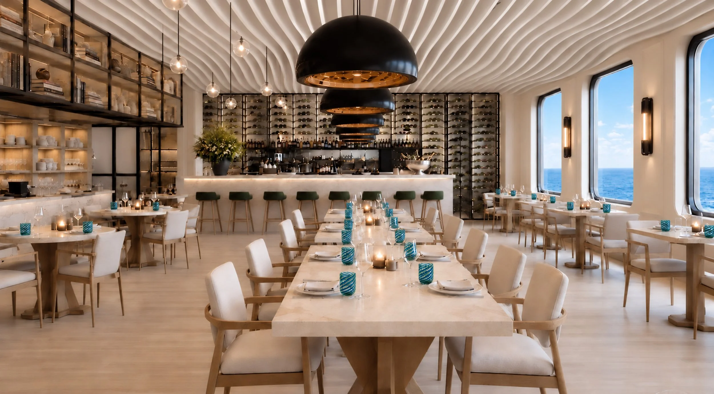 Blue World Voyages casual restaurant concept with communal dining tables, counter seating and large pendant lights.