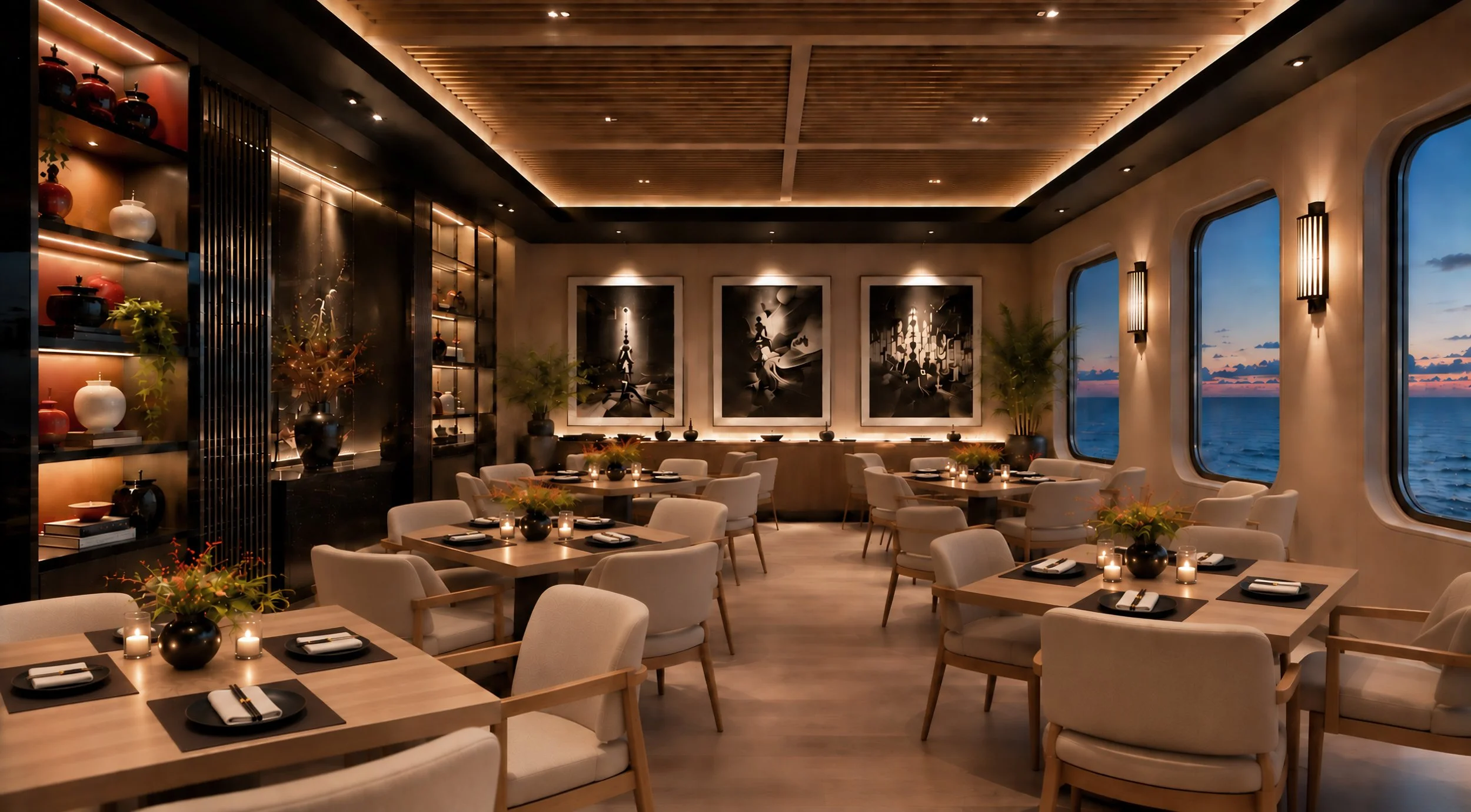 Blue World Voyages Asian restaurant concept with warm wood finishes, softly lit display shelves and ocean-view tables.