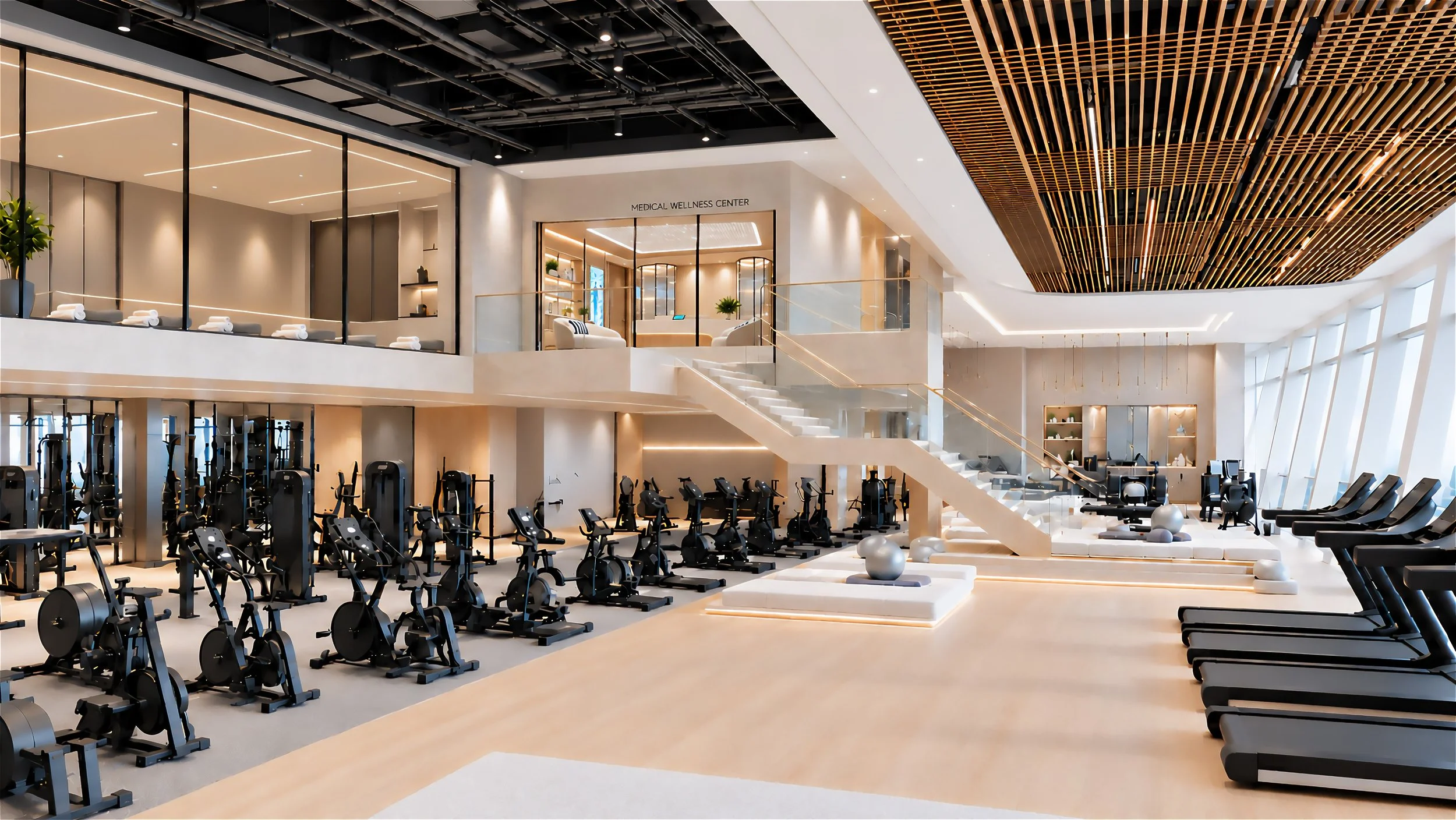 Blue World Voyages two-level fitness center concept with exercise bikes, treadmills and an open workout area.