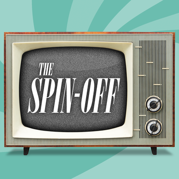 Retro television with text "The Spin-Off" on screen, turquoise background with radial lines.