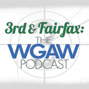 Logo for "3rd & Fairfax: The WGAW Podcast" with green and blue text on a cinema-style background.