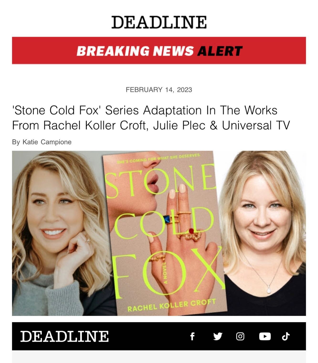 A very exciting @deadline blast for us today! We love this book and can&rsquo;t wait to adapt it with @rachkollercroft &amp; @universaltv. 

#StoneColdFox #JuliePlec #RachelKollerCroft