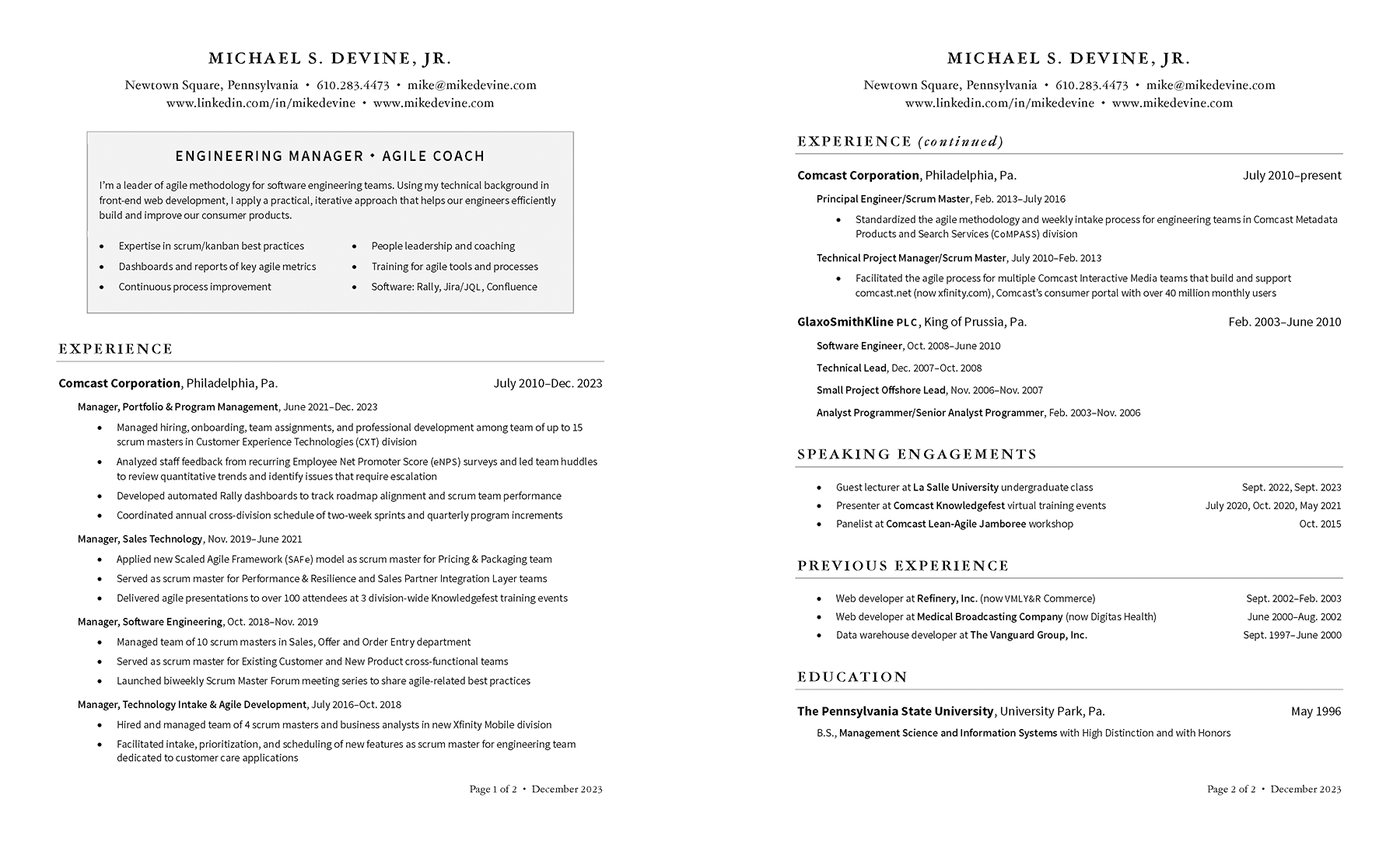 Résumé of Mike Devine (December 2023)