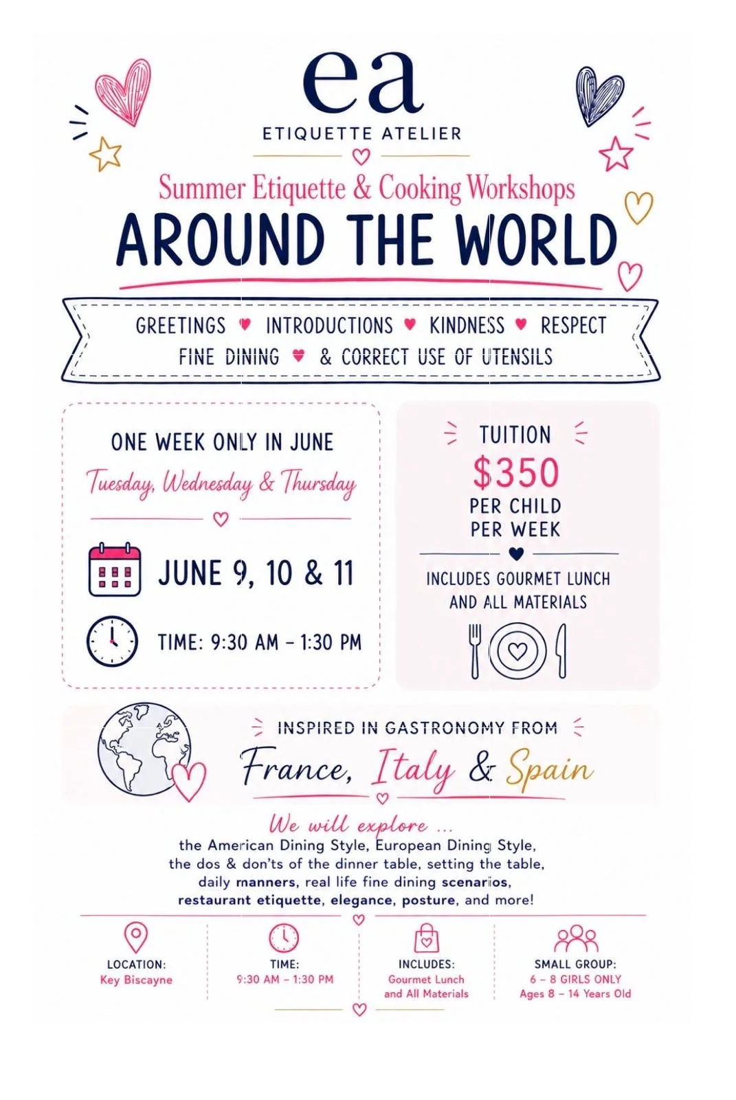 Cooking & Etiquette Summer Sessions - 3 days in June 9, 10, & 11 and 3 days in July 7, 8, & 9