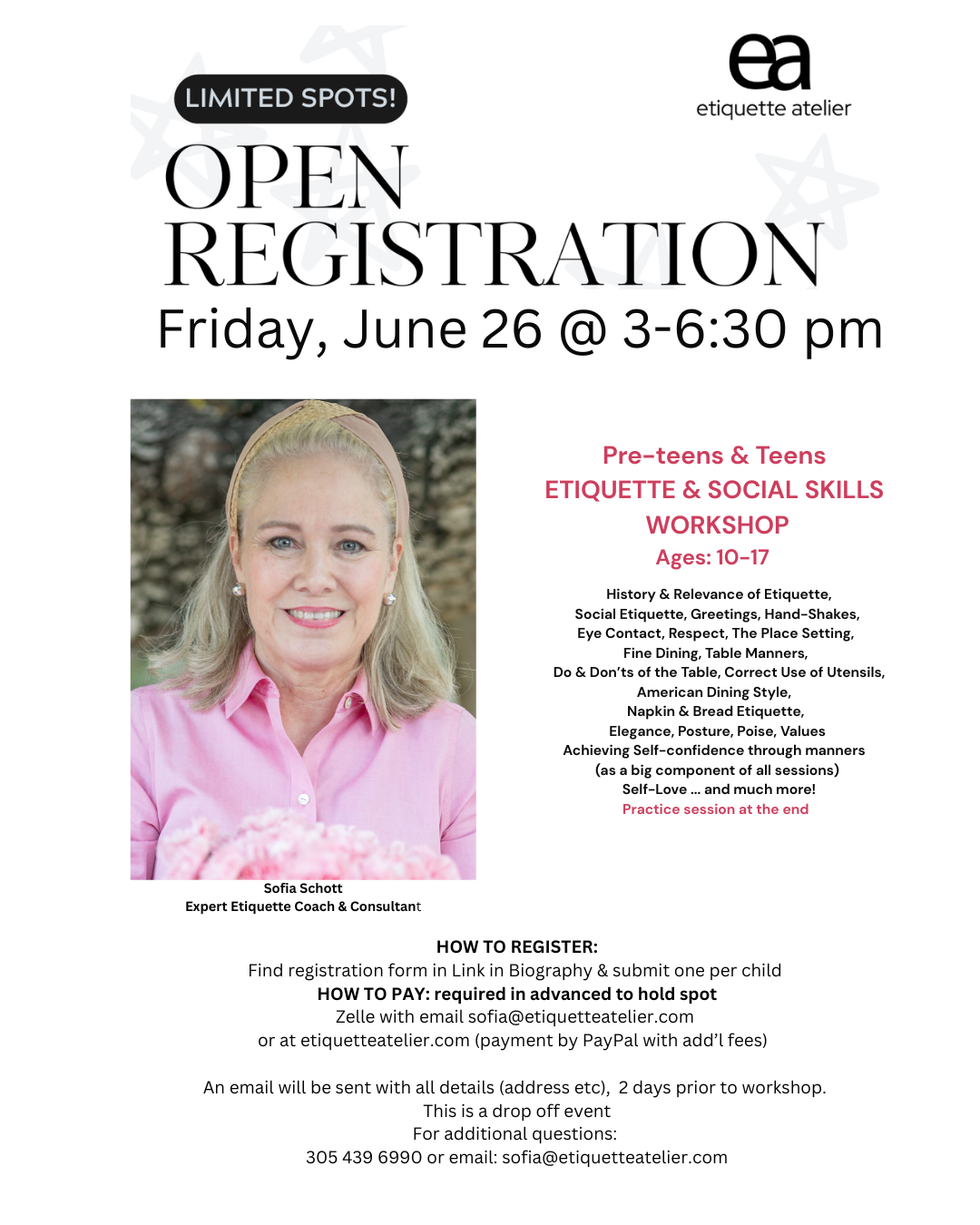 Etiquette, Manners, Social Skills & Self Confidence for Children 8-14 years old; FRIDAY, JUNE 26, 3 -6:30 pm
