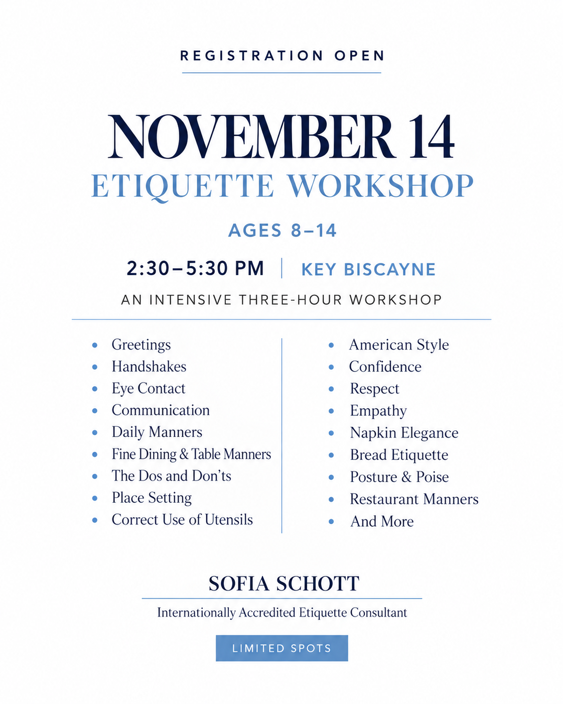 Children and Teens Etiquette Workshop - November 14: ages 8-14 - Key Biscayne.