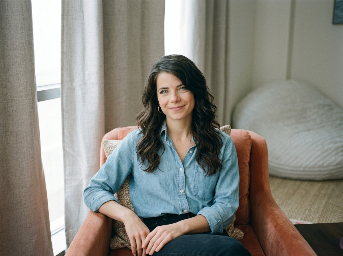 A woman with dark wavy hair and blue eyes sitting on an orange armchair in a sunlit room with beige curtains, smiling softly.