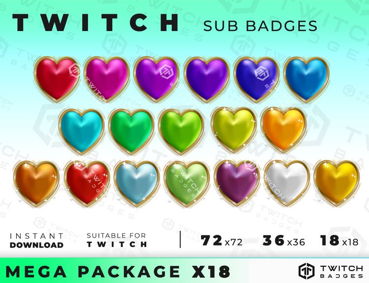 Heart Sub Badges - 6 x Shiny Twitch Sub Badges with Photoshop Files