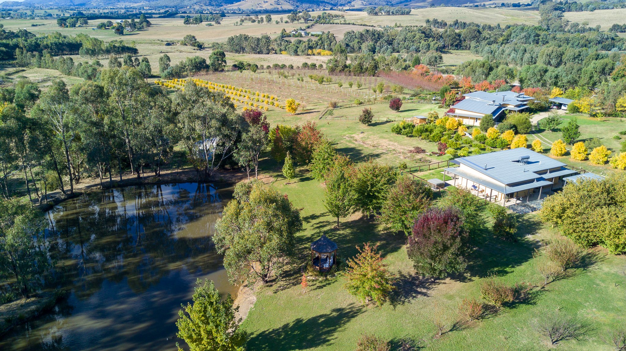Aerial view of Dark Horse Farm guest cottage and gazebo