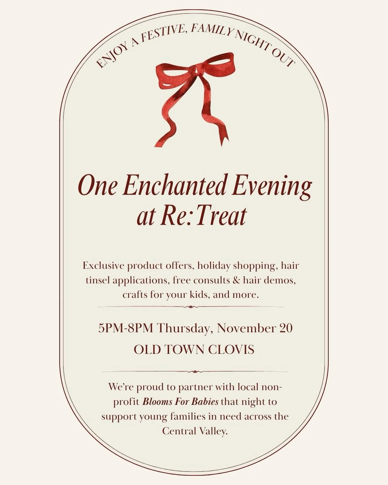 It&rsquo;s time! 🧣💌🛷❄️ Mark your calendars for a festive night out in Old Town (Tag Old Town Clovis)! One Enchanted Evening is this Thursday, November 20th, and we&rsquo;re hosting a holiday party you won&rsquo;t want to miss.

Swing by the salon 