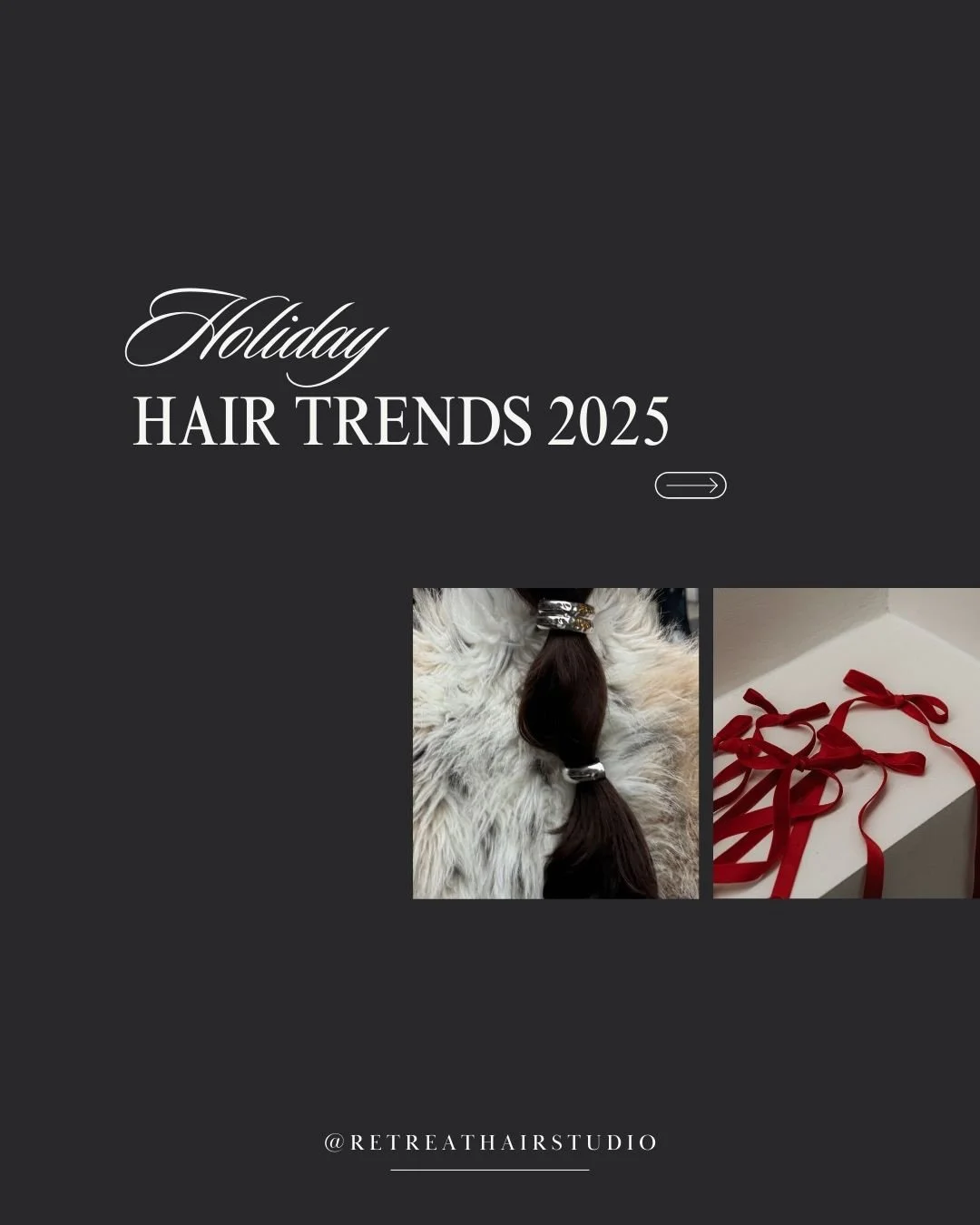 Holiday Hair Trend Report! 🎅🏼 From our chairs to your holiday party, here are the must have styles of the season: metallic accessories, sleek up-dos, structured bobs, natural texture, bouncy blowouts, and of course bonus points for incorporating bo