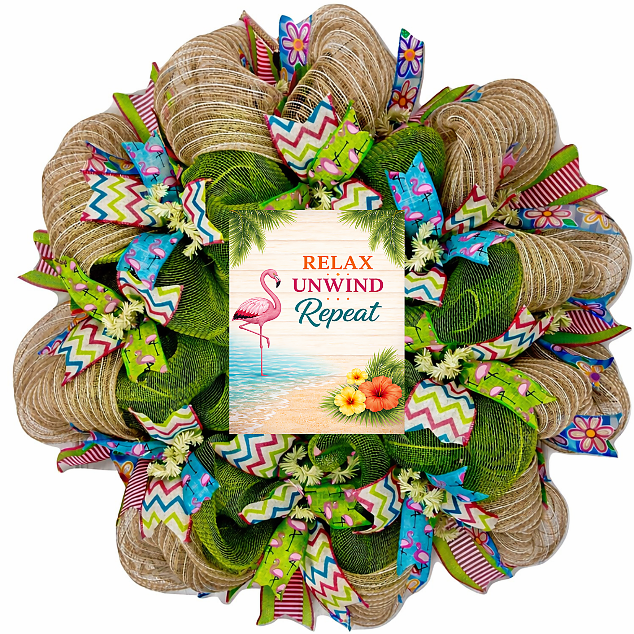 Relax Unwind Repeat Flamingo Handmade Deco Mesh Door Wreath