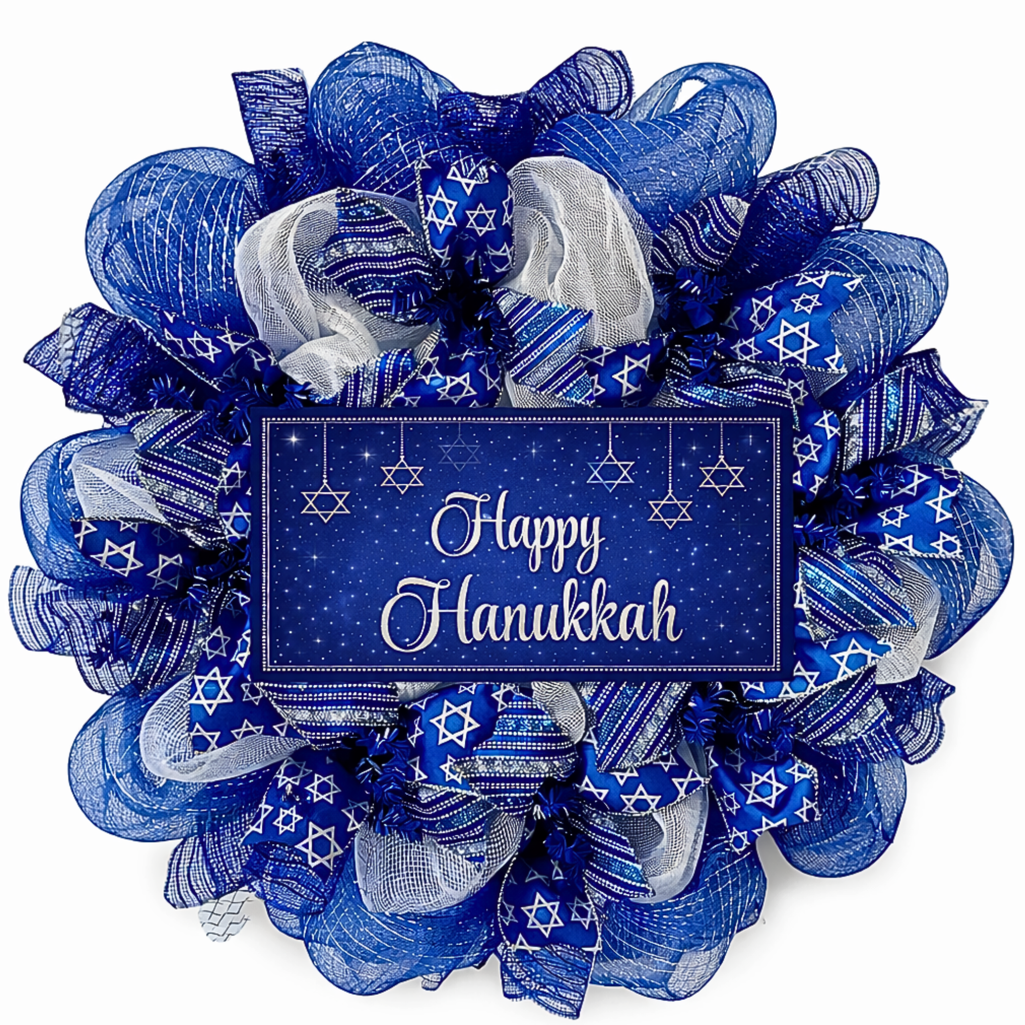Happy Hanukkah Wreath With Star Of David Ribbons Handmade Deco Mesh 24 inch or 28 in diameters