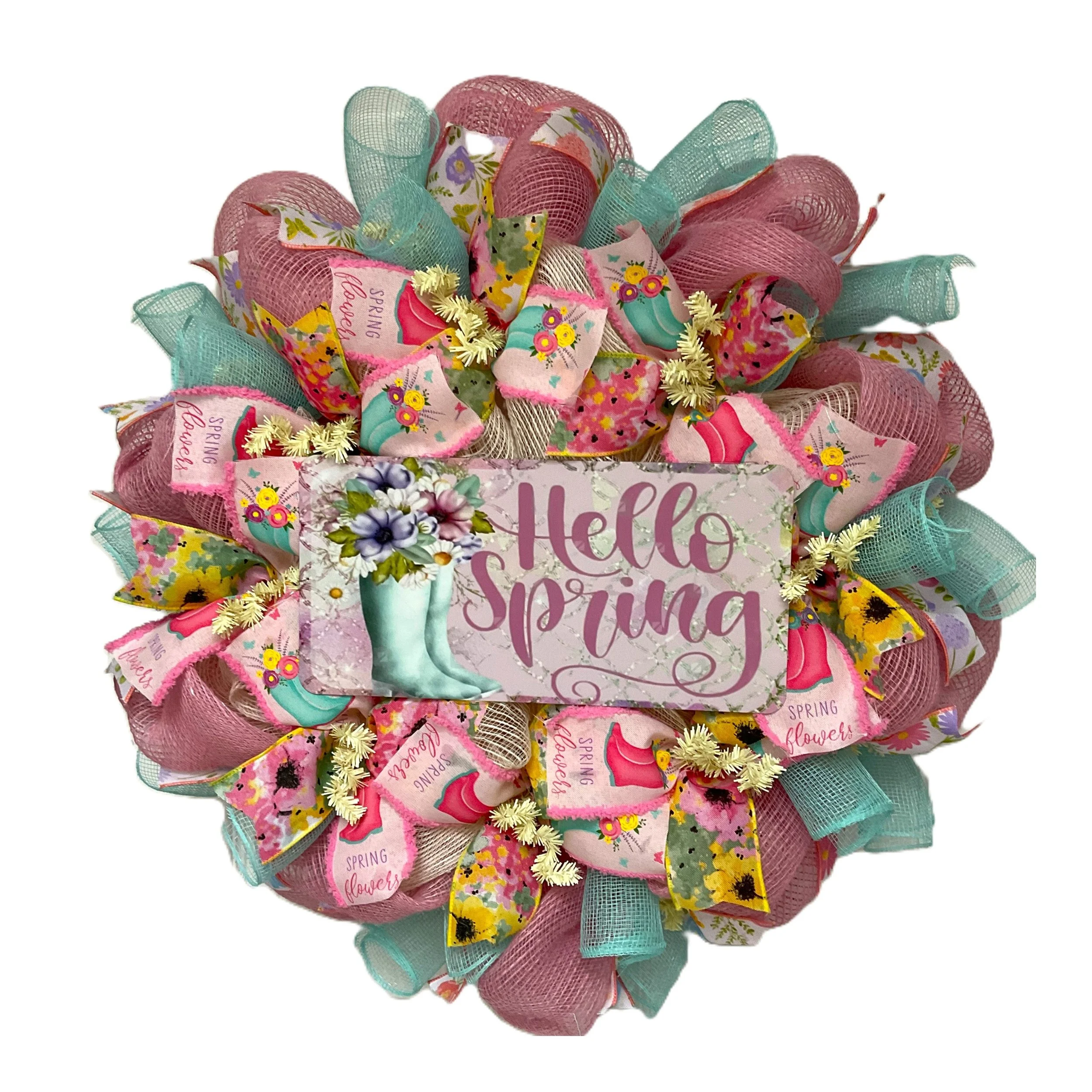 Hello Spring Floral Rainboots Pastel Wreath Handmade Deco Mesh