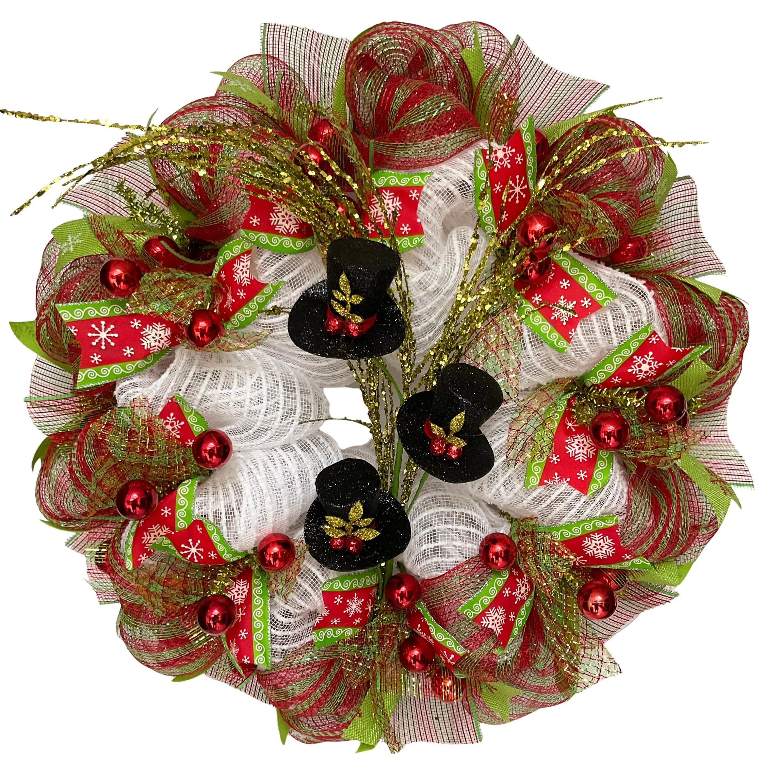 Snowman Hats Holiday Handmade Deco Mesh Wreath