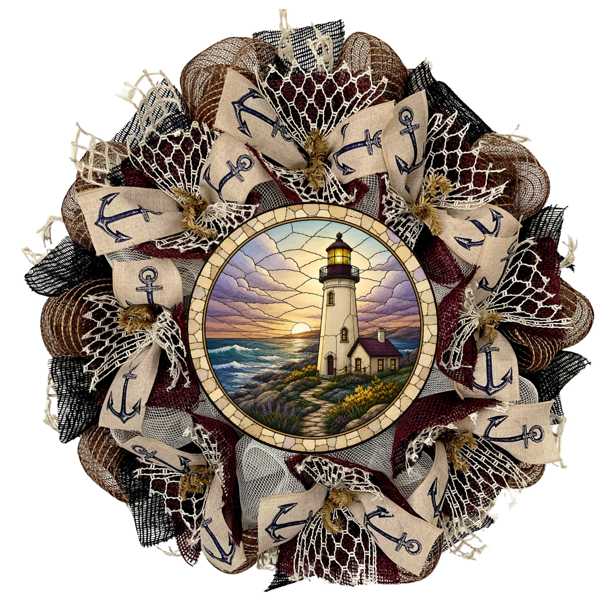 Nautical Lighthouse with Mosaic Look Wreath Available in 24 or 28 inch diameters