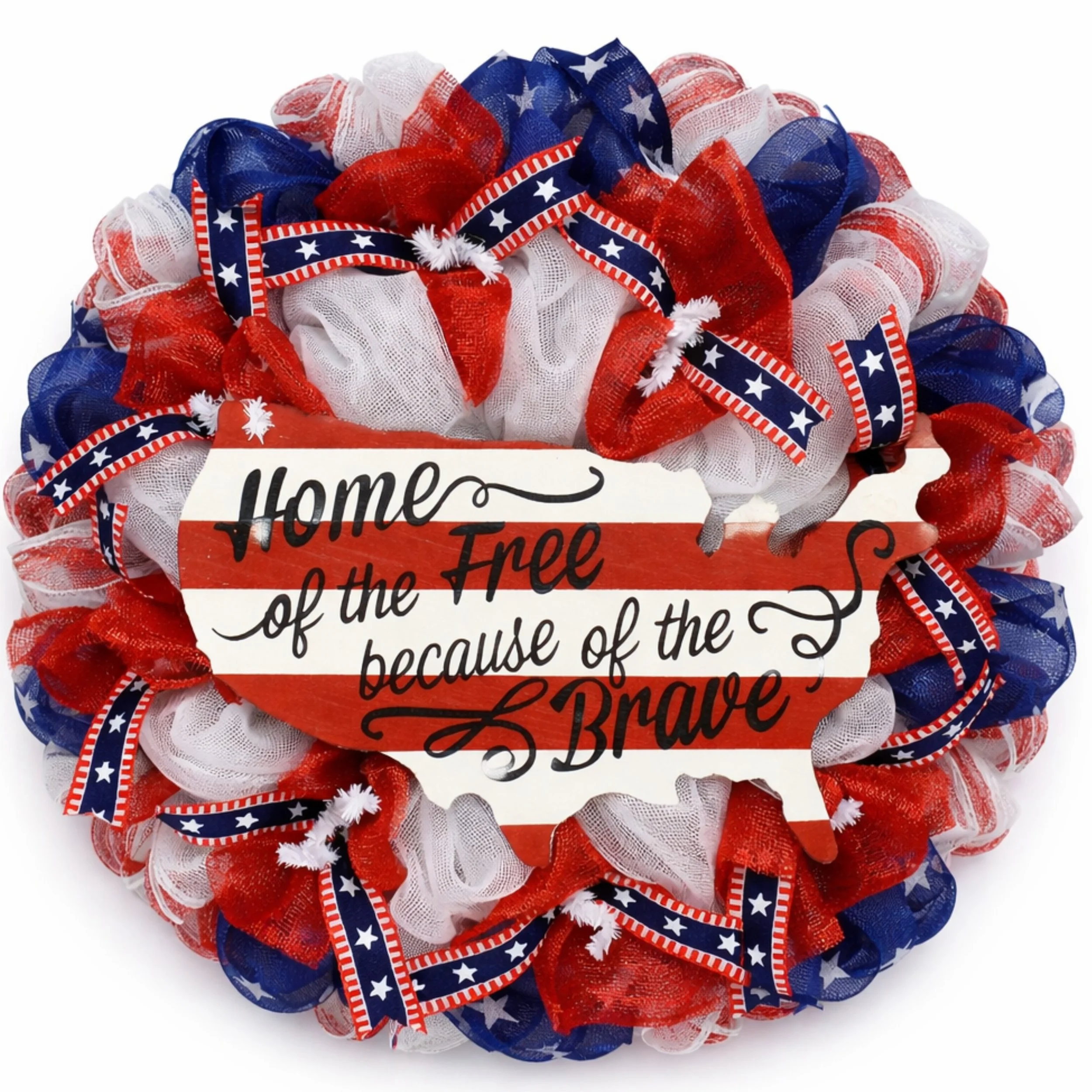 Patriotic Wreath Home Of The Free Because Of The Brave American Flag Deco Mesh Wreath