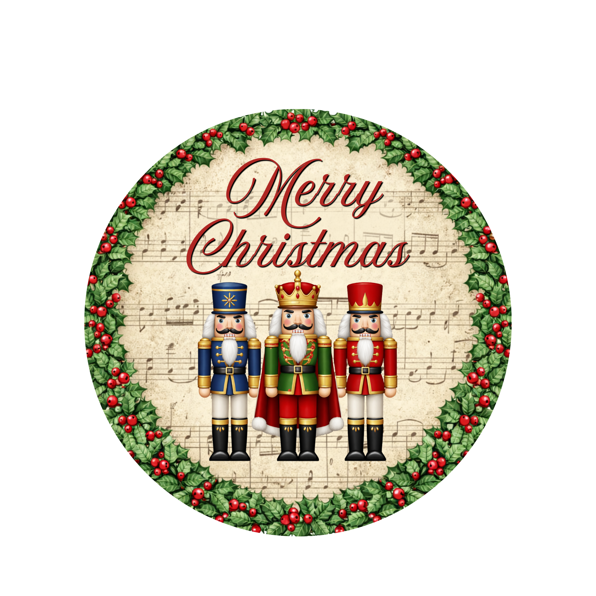 Vintage Inspired Christmas Nutcracker Wall Decor, Round Holiday Sign, Green and Red Musical Theme Door Hanger, Traditional Decorative Wreath Attachment