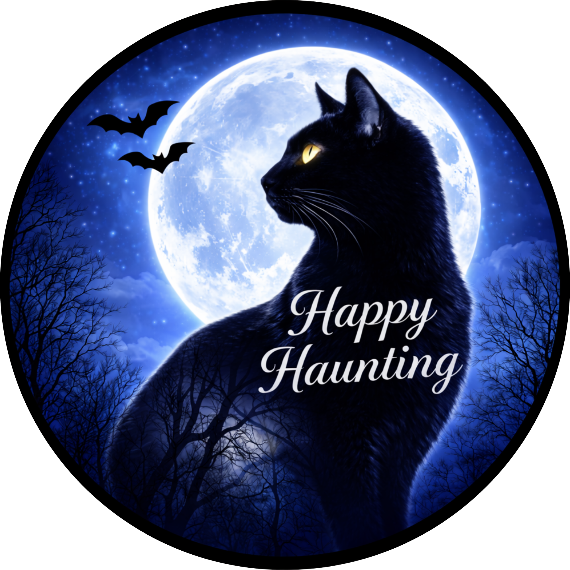Black Cat By Moon Happy Haunting Halloween Sign, Wreath Attachment or Door Hanger