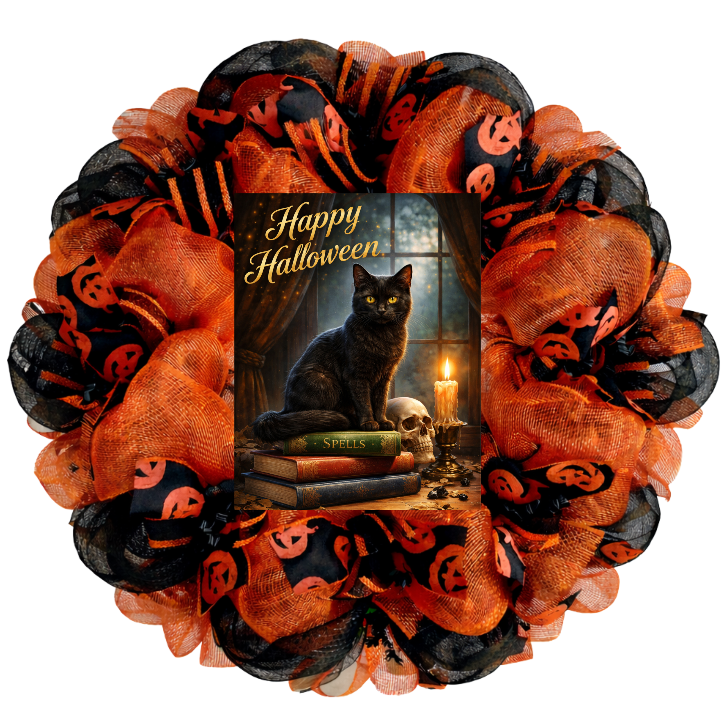 Happy Halloween Gothic Cat Deco Mesh Handmade Wreath