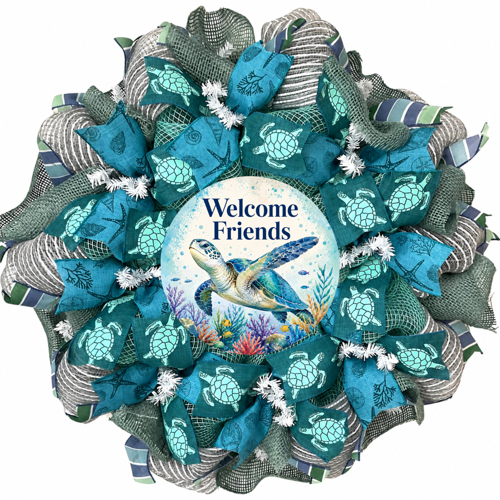 Welcome Friends Sea Turtle Beach Wreath Handmade Available in 24 and 28 inch diameters