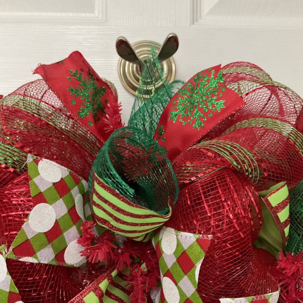 Merry Christmas Red and Green Striped Ribbon Wreath Handmade Deco Mesh