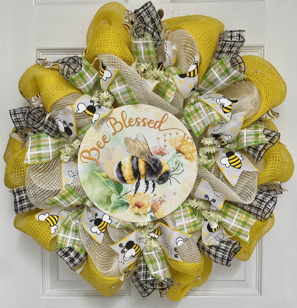 Bee Blessed Welcome Wreath Handmade Deco Mesh 24 inch or 28 inch diameter…  — What a Mesh By Diana
