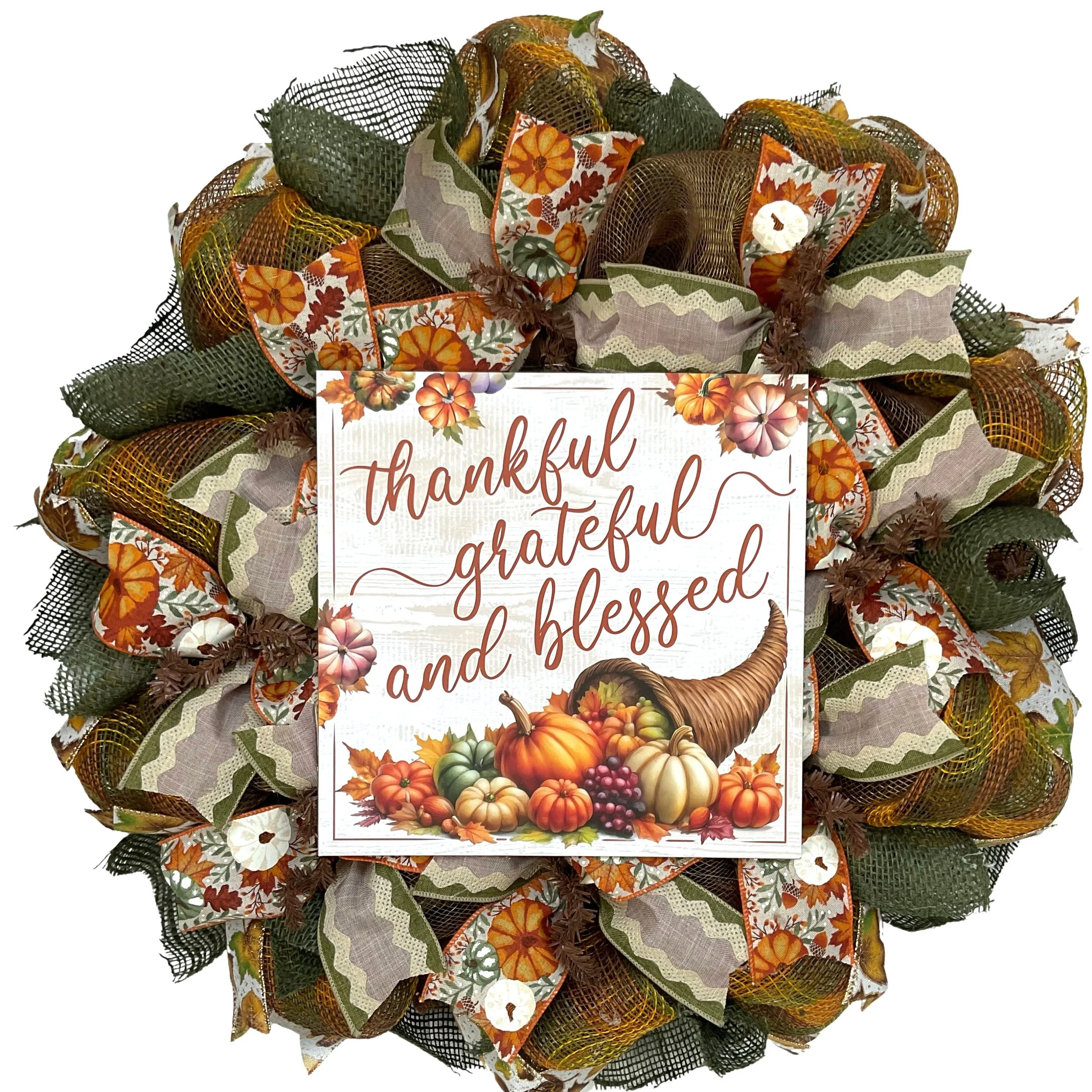 Thanksgiving  Cornucopia Thankful Grateful and Blessed Wreath Handmade 24 inch and 28 inch diameter