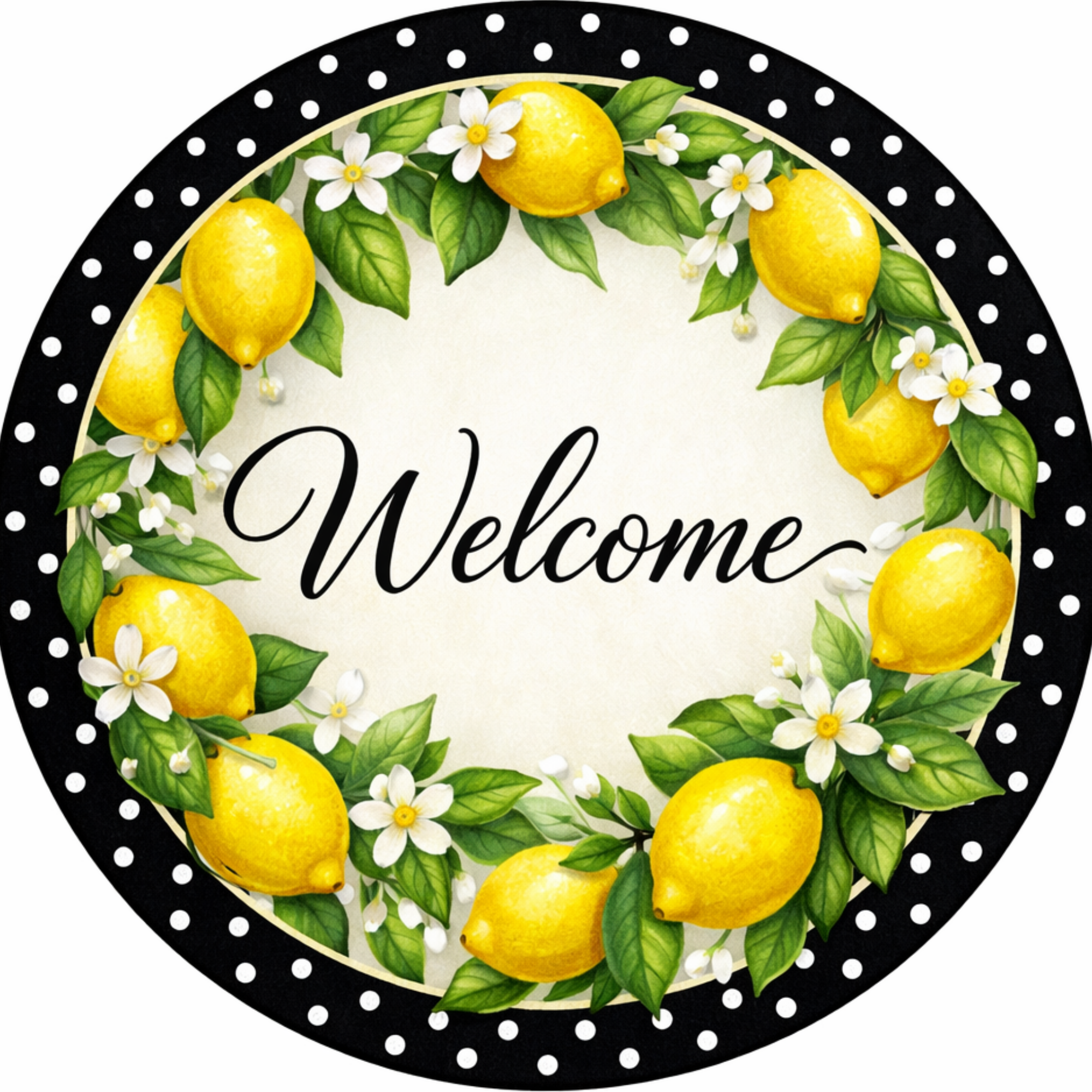 Spring Welcome Lemons with Black and White Polka Dot Background Wreath Attachment, Sign or Door Hanger