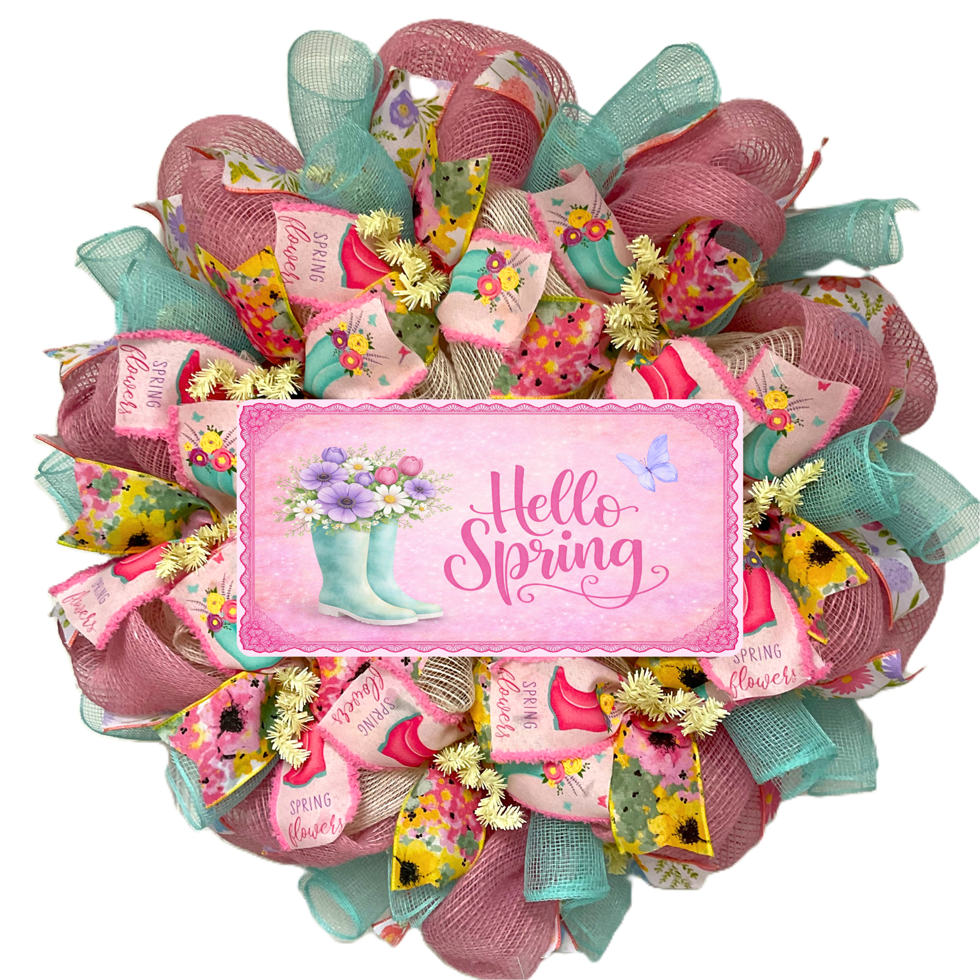 Hello Spring Floral Rainboots Pastel Wreath Handmade Deco Mesh