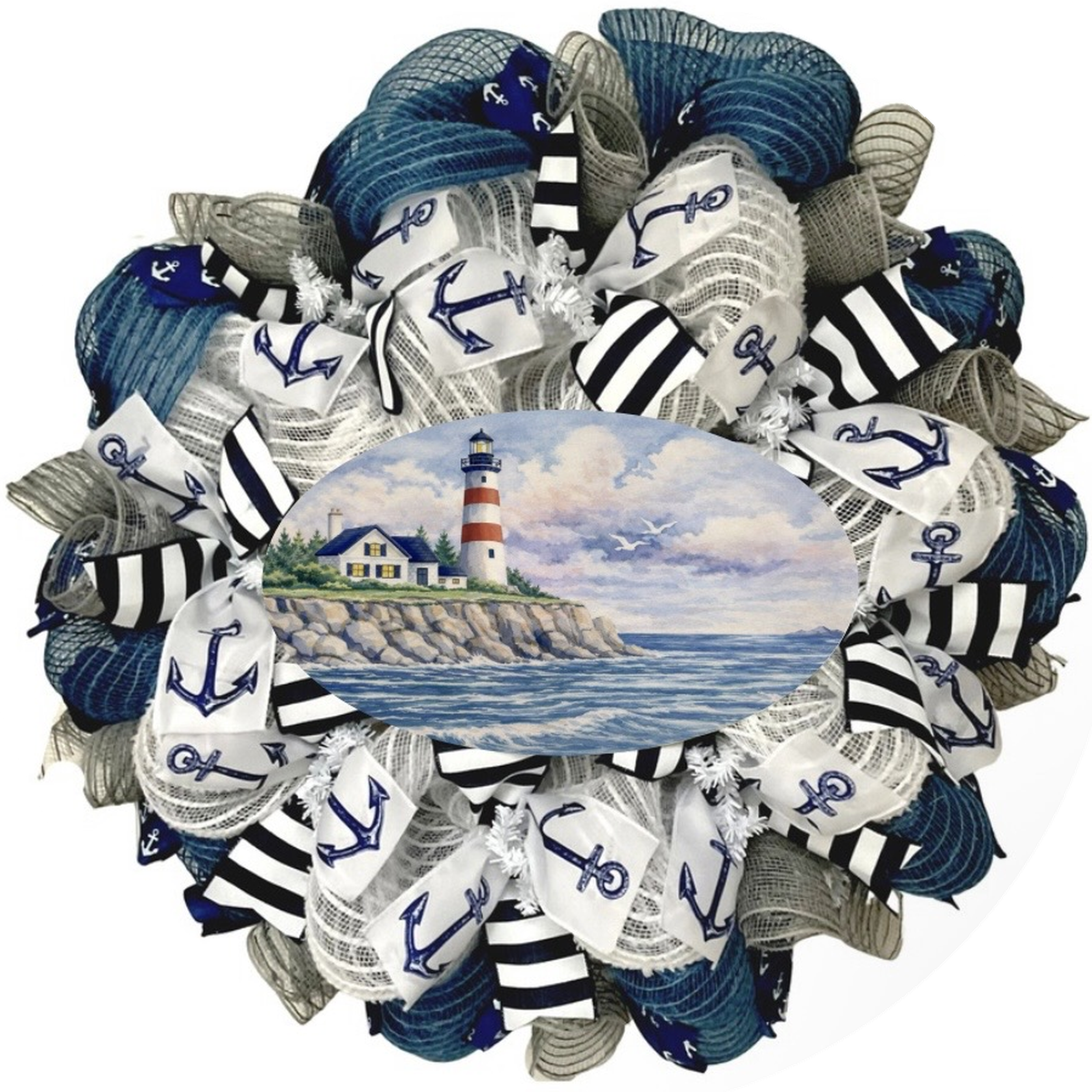 Lighthouse Coastal Wreath Handmade Deco Mesh