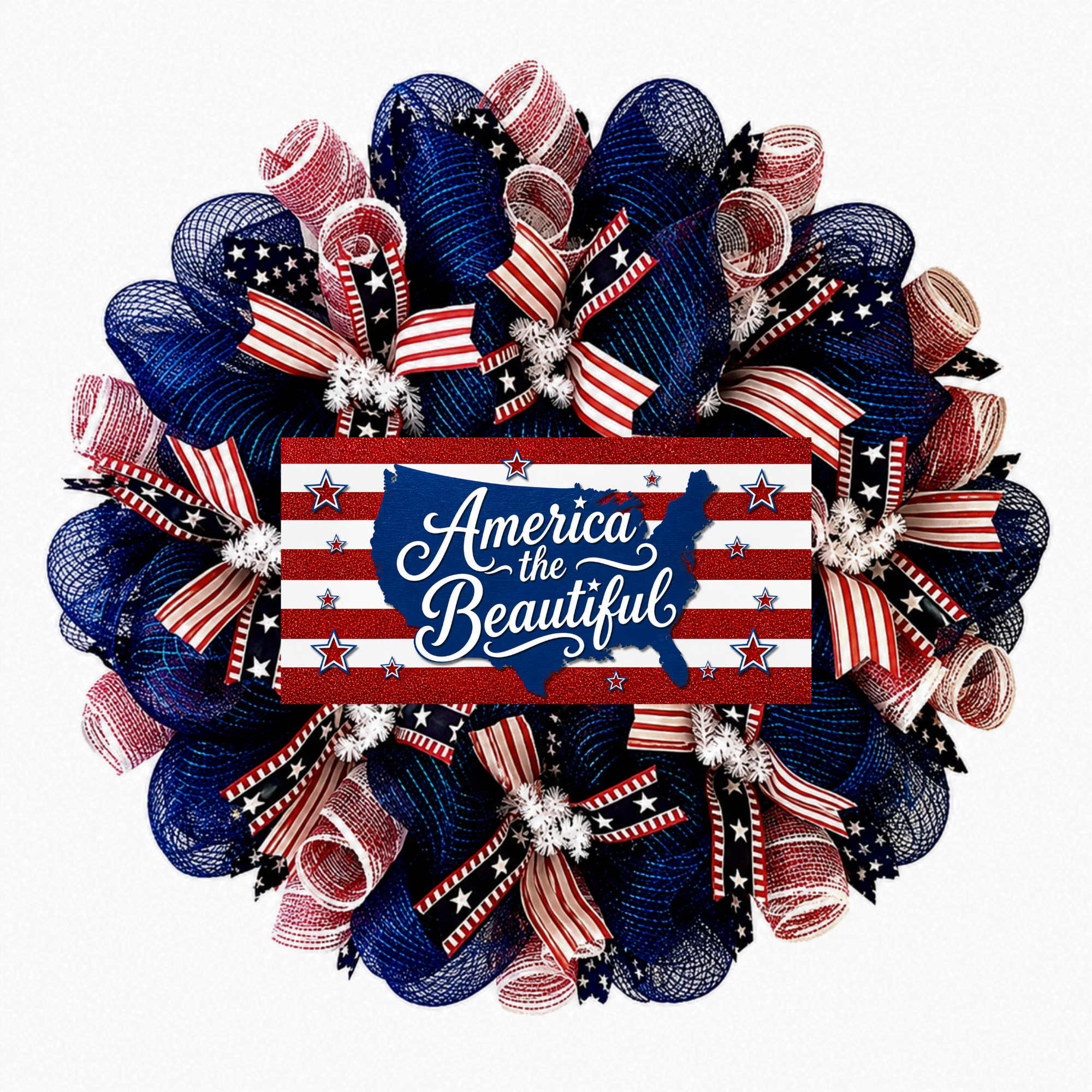 America The Beautiful Stars And Stripes Patriotic Deco Mesh Handmade Wreath