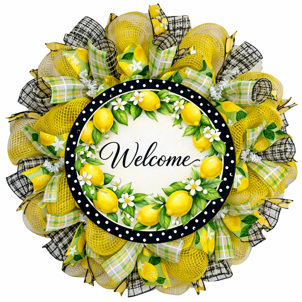 Welcome Lemon Spring Or Summer Deco Mesh Ribbon Wreath