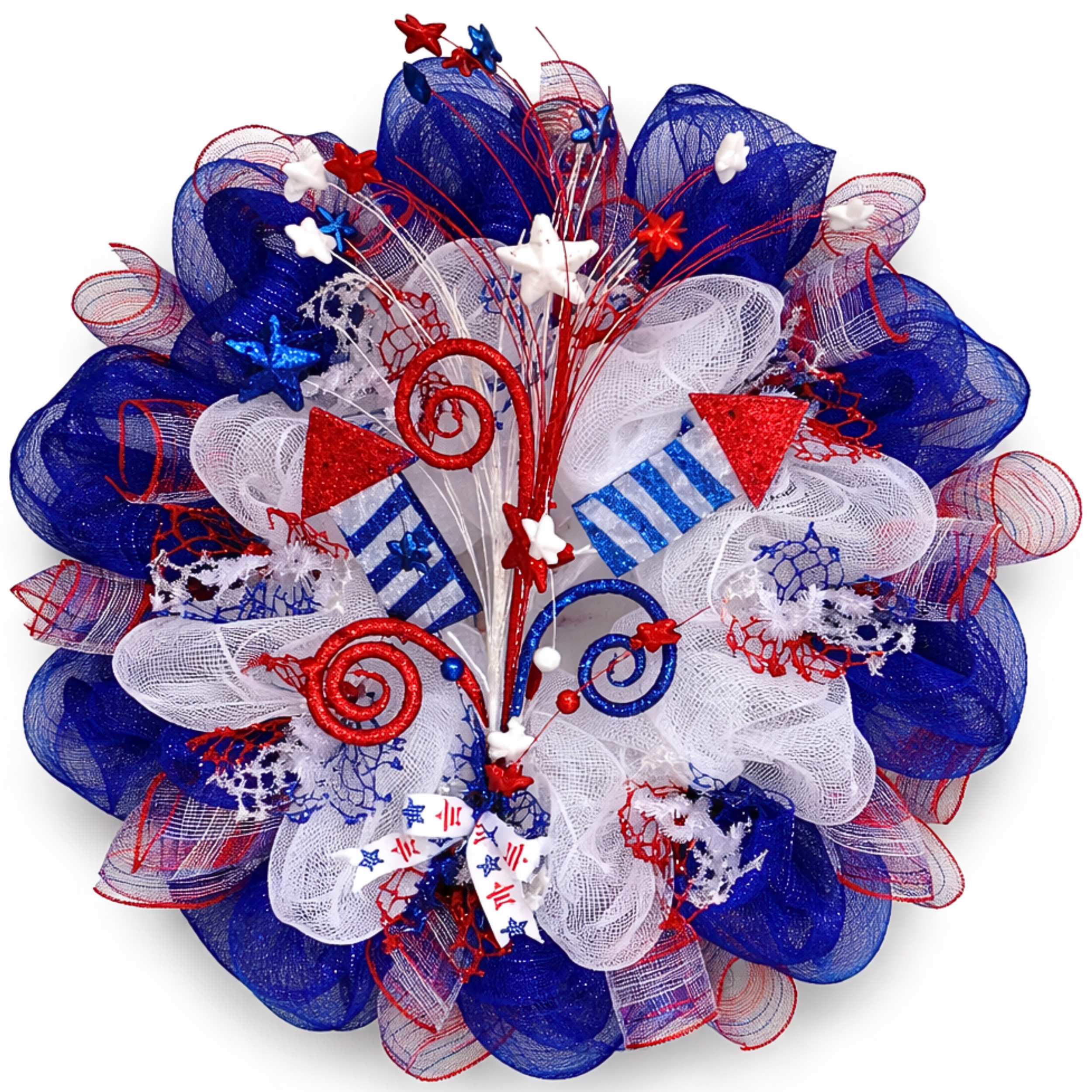 Patriotic Wreath Sky Rockets In Flight Handmade Deco Mesh