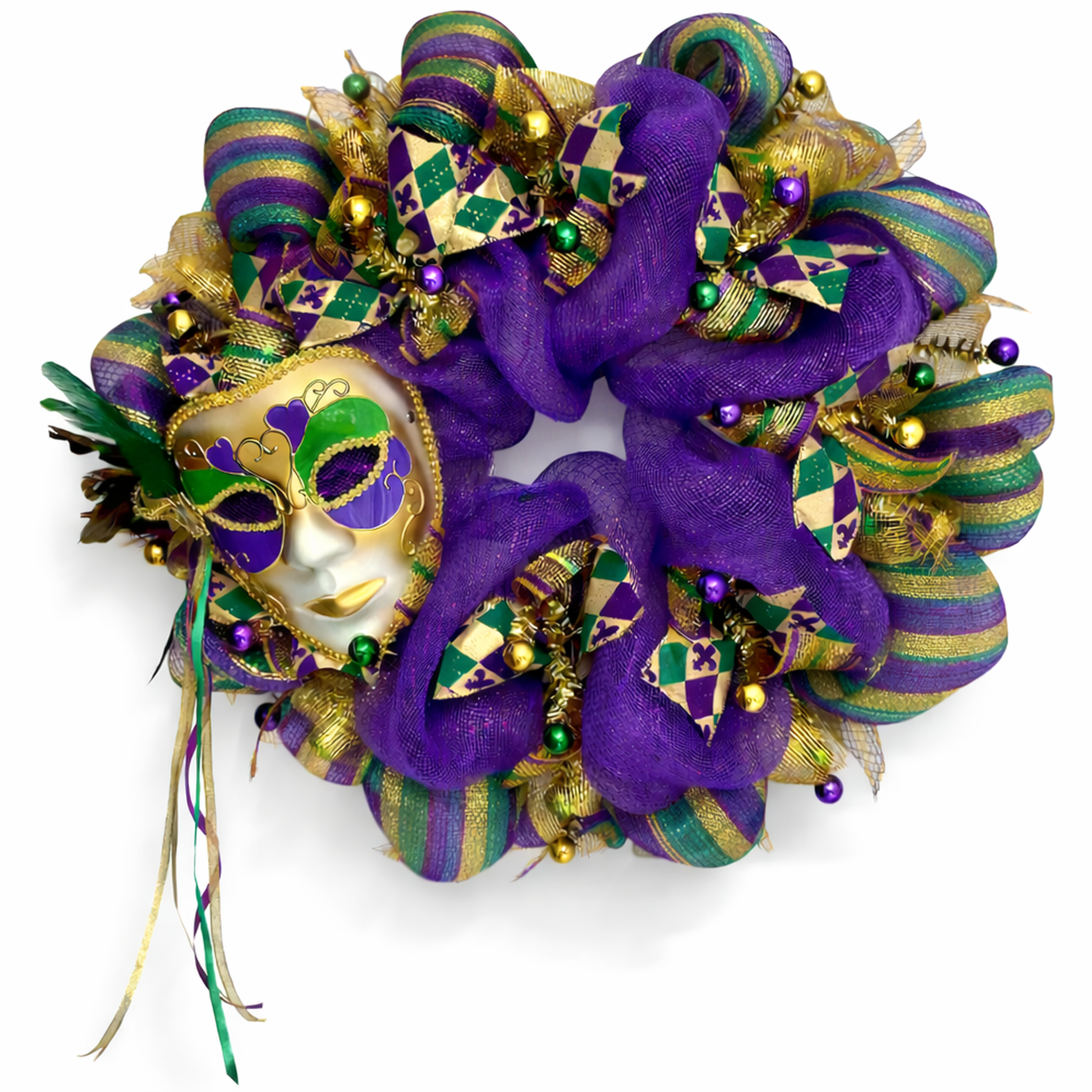Mardi Gras Wreath Feather Venetian Mask Handmade Deco Mesh