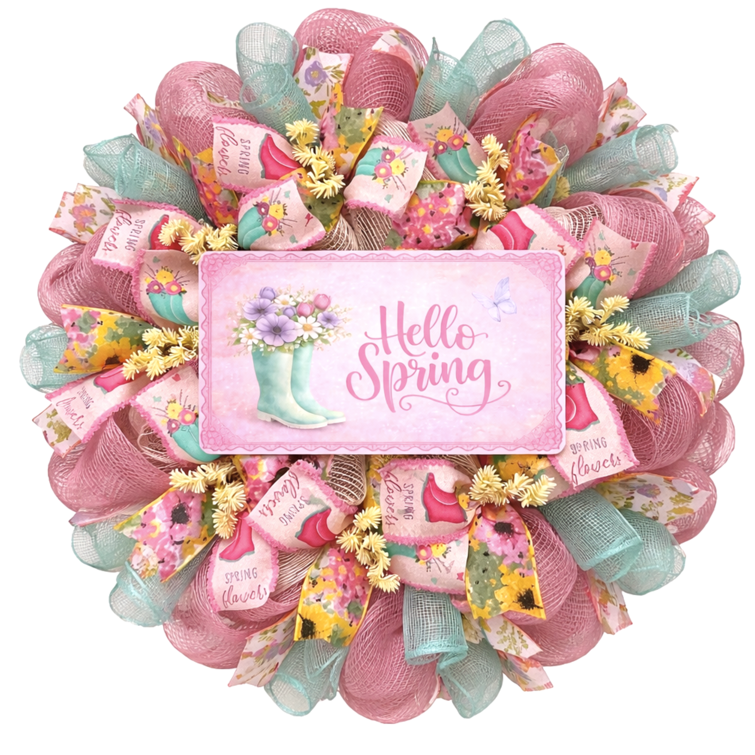Hello Spring Floral Rainboots Pastel Wreath Handmade Deco Mesh