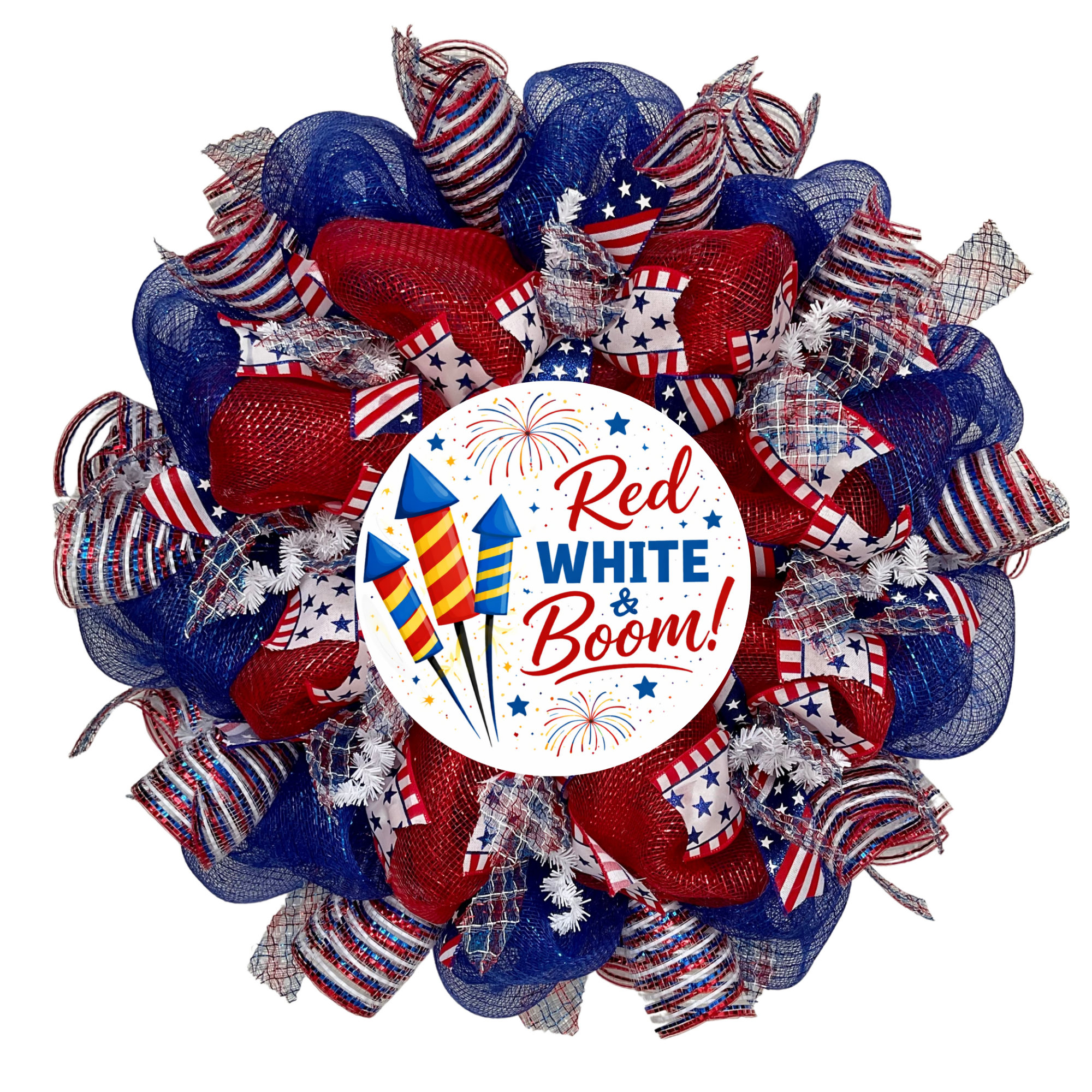 Patriotic Welcome Wreath Red White & Boom Handmade Deco Mesh