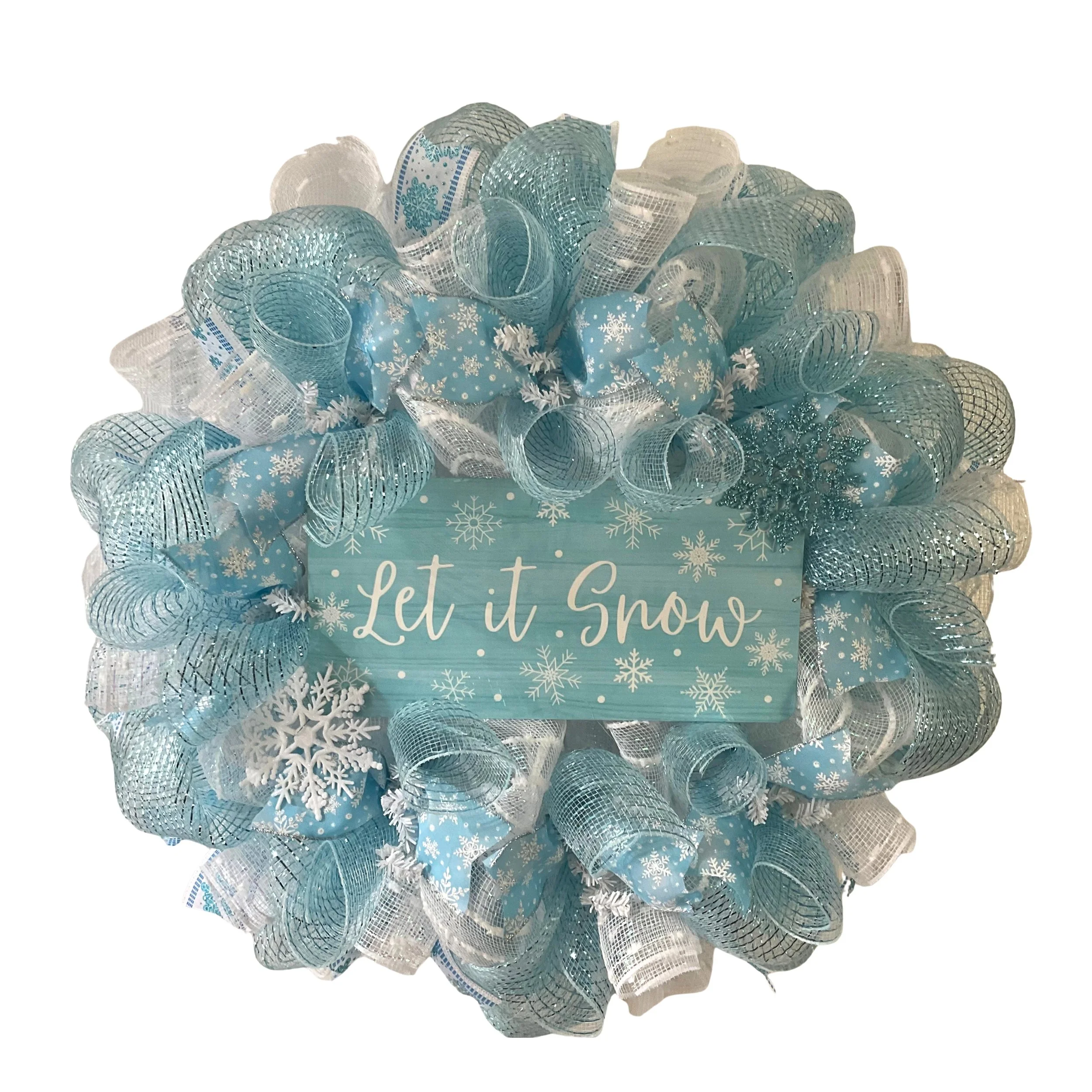 Let It Snow Snowflake Winter Wreath Handmade Deco Mesh