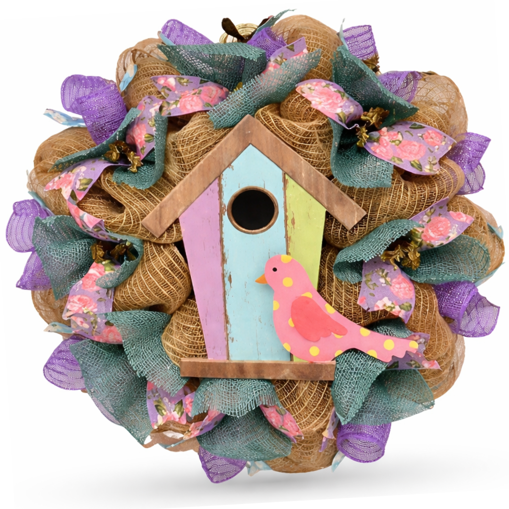 Pastel Birdhouse Spring Welcome Wreath Handmade Deco Mesh
