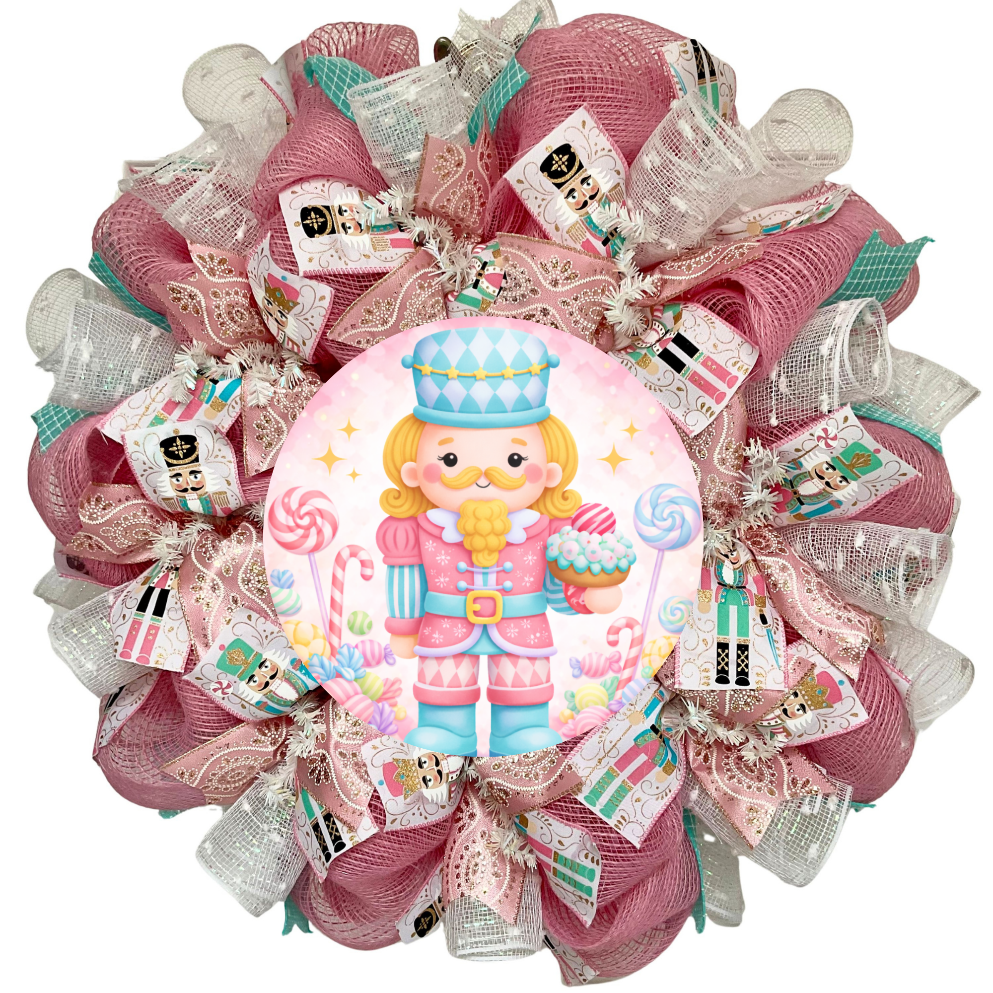 Nutcracker Pastel Pink Christmas Wreath Handmade Deco Mesh Available in 24 inch and 28 inch diameters