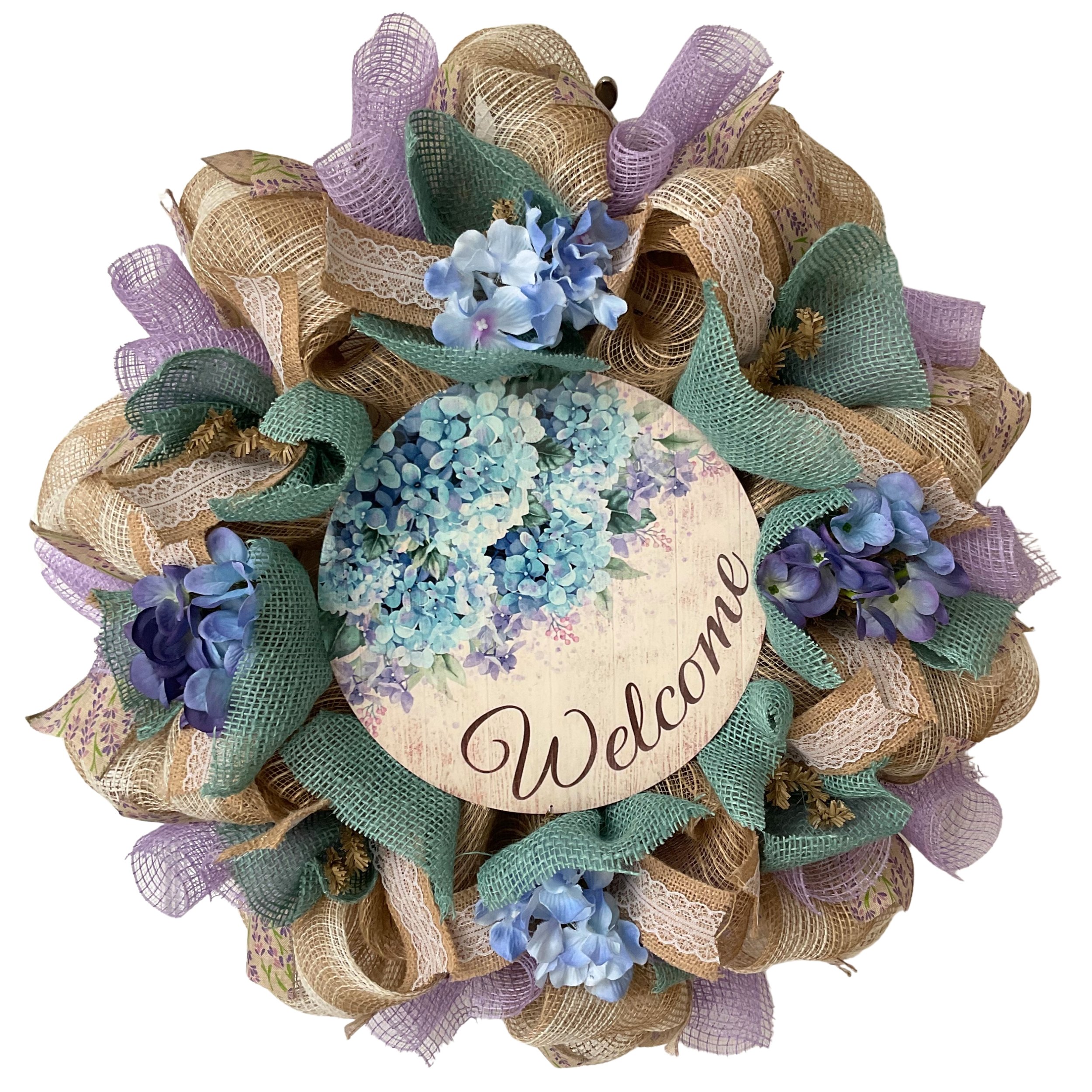 Welcome Hydrangeas Wreath Handmade Deco Mesh 24 inch or 28 inch diameter