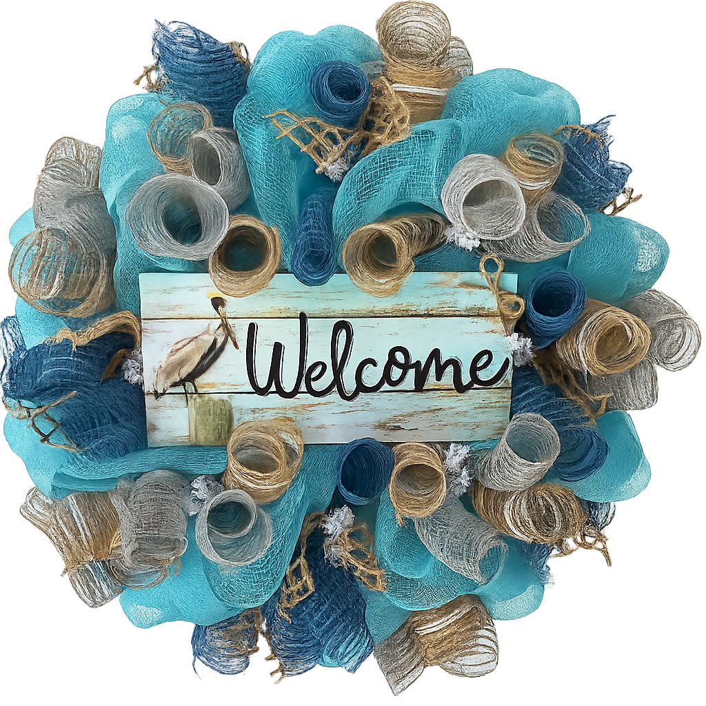 Colors of the Sea Coastal Welcome Wreath Handmade Deco Mesh