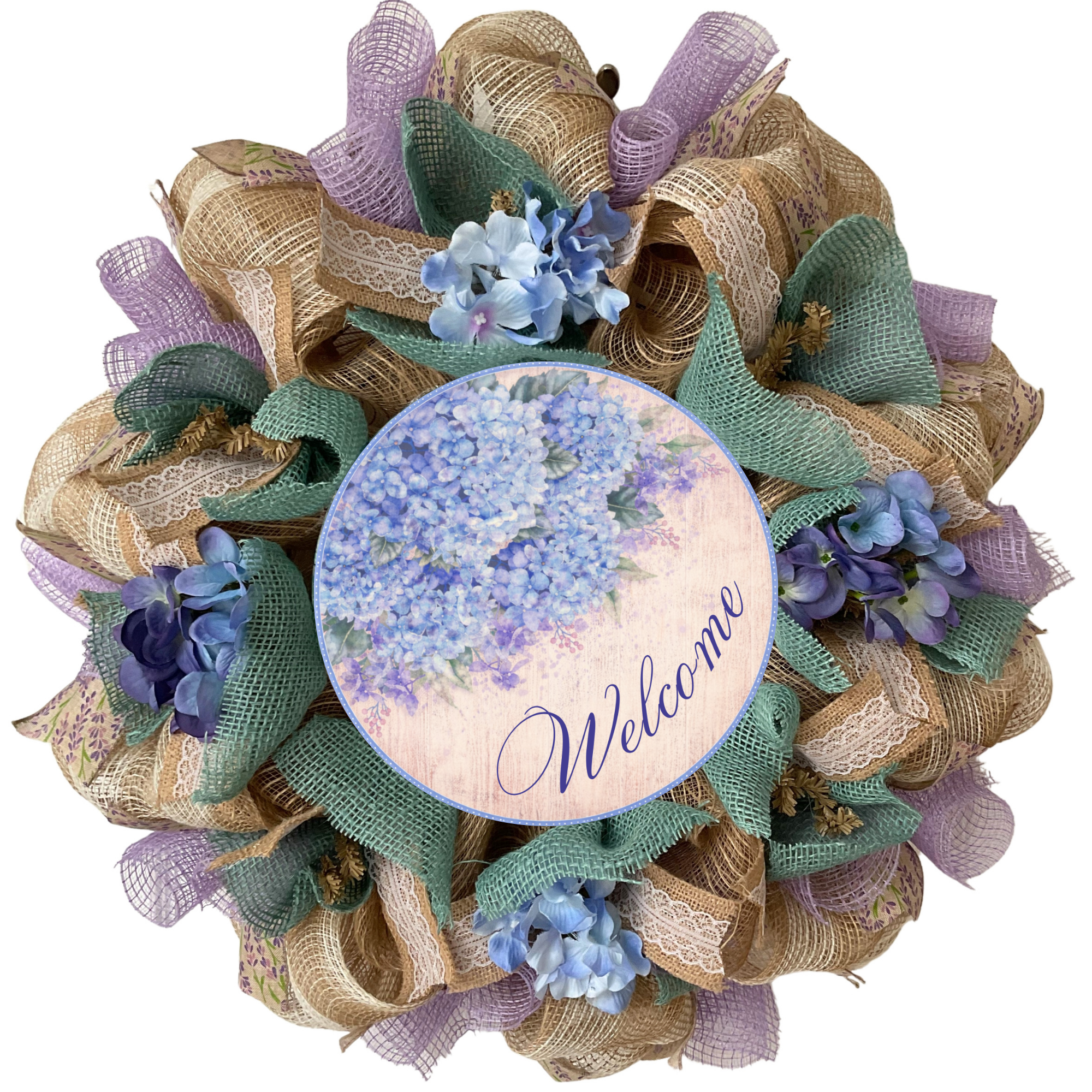 Welcome Hydrangeas Wreath Handmade Deco Mesh 24 inch or 28 inch diameter